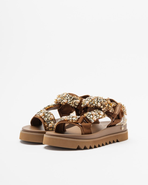 NAN-KU Sandale brown avec cories et strass