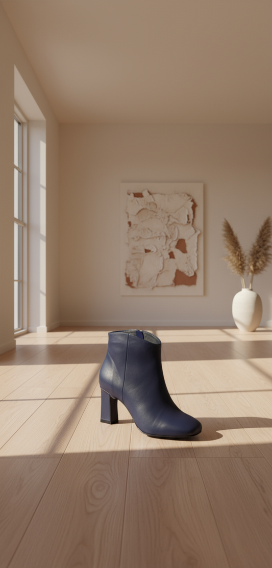 bruno premi bottines cuir bleu indigo talon carré découpe cheville pour une élégance exceptionnelle