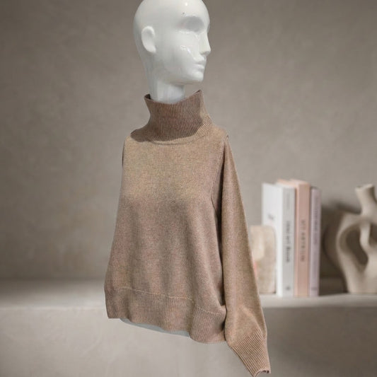 Pull Cachemire Beige Wendy Notshy Ample Col Cheminée Forme Poncho À Coutures Côté, vue produit – pull cachemire beige pour femme