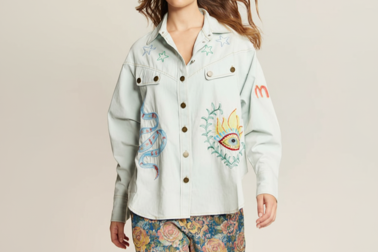 me369 La chemise en jean délavé légèrement oveesize brodée coton et petites pierres.
Une basique à porter sans modération .poches factices poitrine, poignets chemise.
boutons bronze foncé