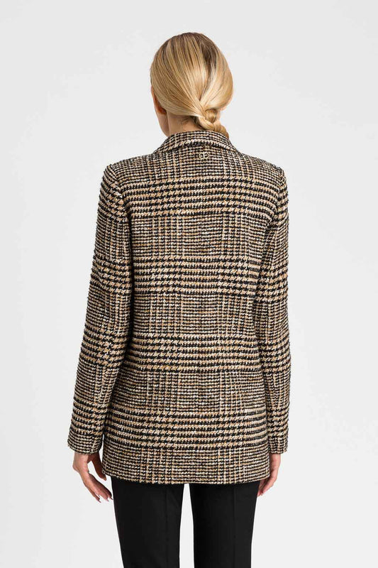 Veste Tweed Femme 3/4 Prince De Galles Noir Camel Écru En Laine, Élégante Et Confortable – veste tweed femme à motif prince de Galles