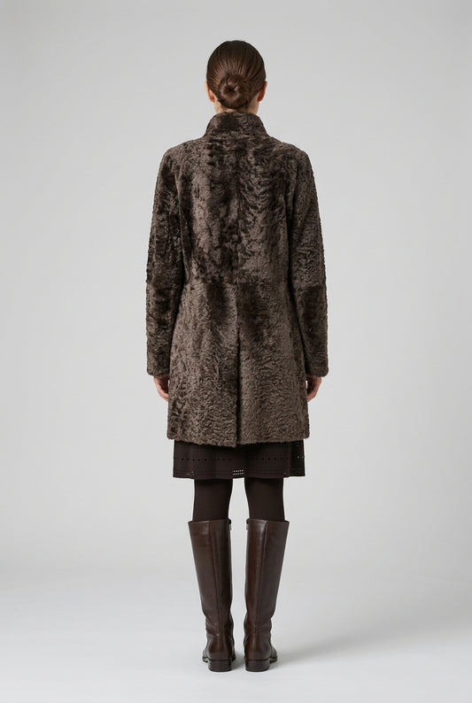 Ventcouvert manteau redingote astrakan, manteau redingote femme avec intérieur en cuir d’agneau chocolat