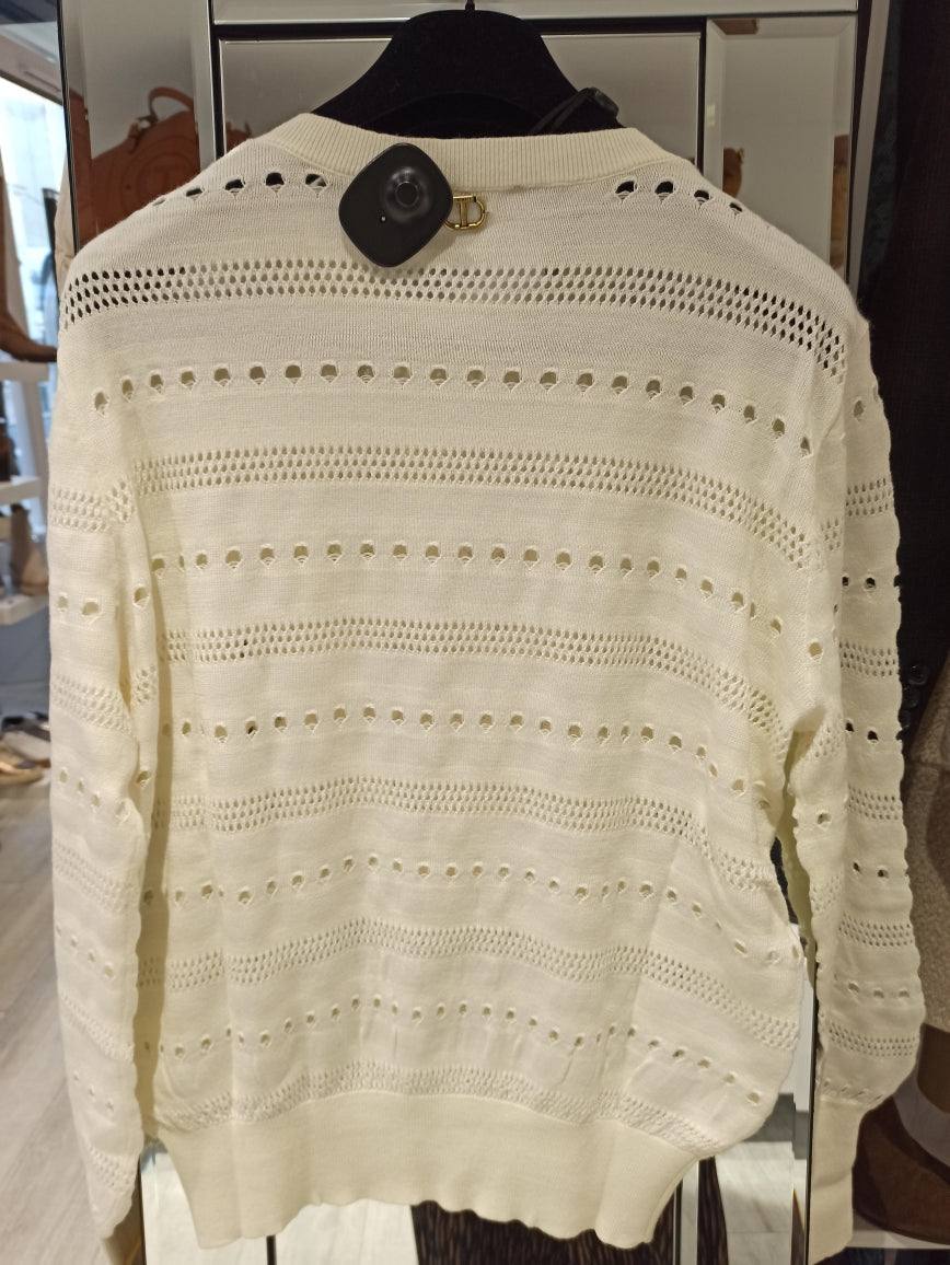 Twinset pull snow, pull ivoire femme à col rond et manches longues, tricot ajouré avec plastron ton sur ton façon dentelle