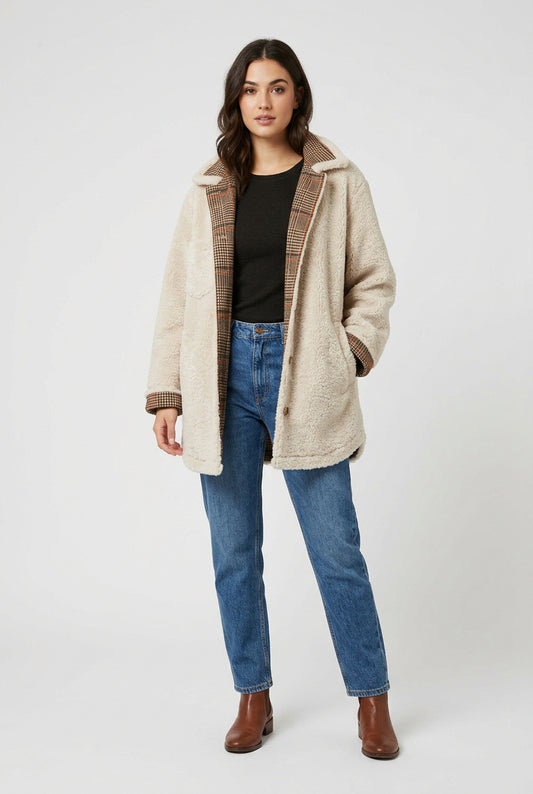Peau lainée écrue pour une chaleur naturelle et un confort agréable.
Forme chemise moderne, facile à associer avec vos looks du quotidien.
Col tailleur élégant qui souligne joliment le port de tête.
Deux poches en biais pratiques pour garder les mains au chaud ou ranger vos petits essentiels.
Intérieur en cuir écossais avec une finition distinctive et pleine