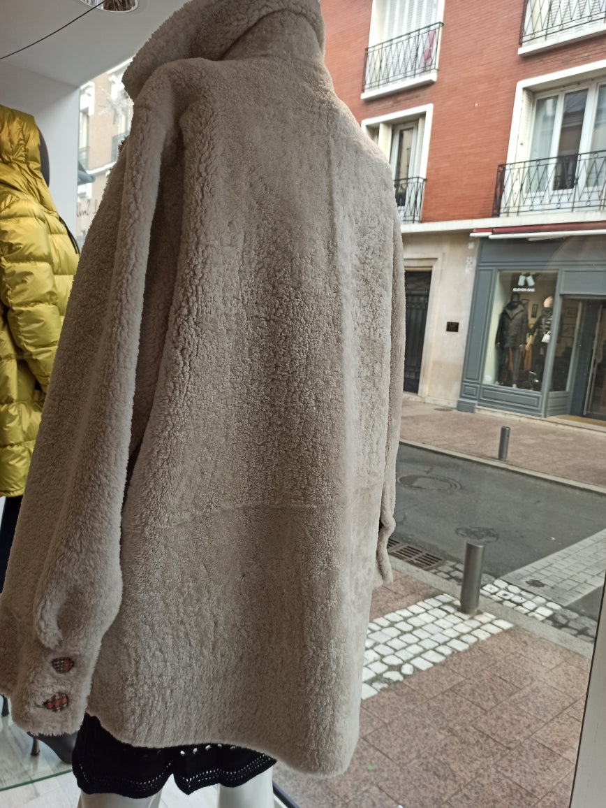 suite 109 manteau, veste peau lainée femme avec intérieur cuir écossais et col tailleur