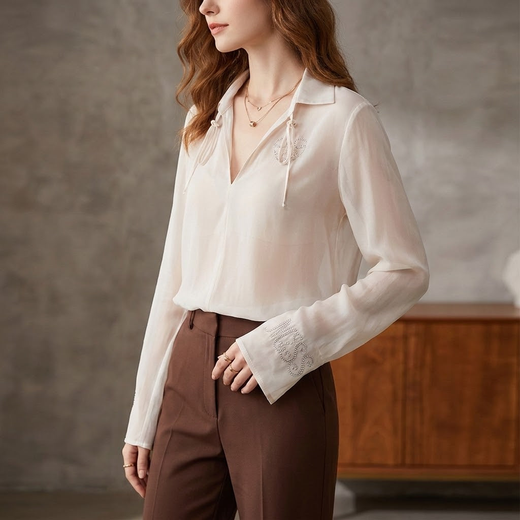 Me 369 top Ivoire, chemisier ivoire femme chic en tissu effet soie