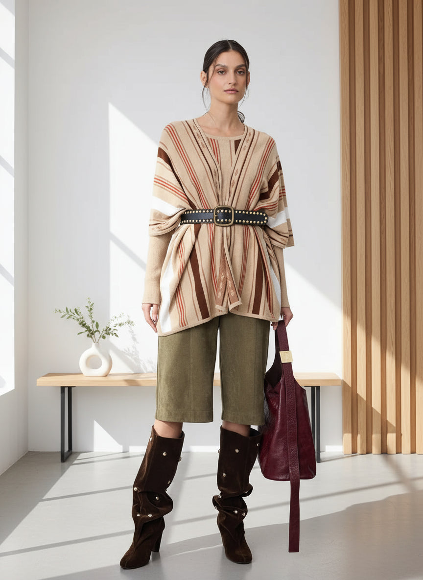 Découvrez la cape Maeva de Notshy, conçue pour allier confort et élégance. Son tricotage rayé apporte une touche graphique moderne, tandis que sa coupe ample et son ouverture bord à bord offrent une silhouette décontractée et facile à porter. Composée à 95 % de coton et 5 % de cachemire, elle est douce, respirante et légèrement luxueuse pour vous garder au chaud avec style. Parfaite pour sublimer vos tenues tout en restant confortable au quotidien.