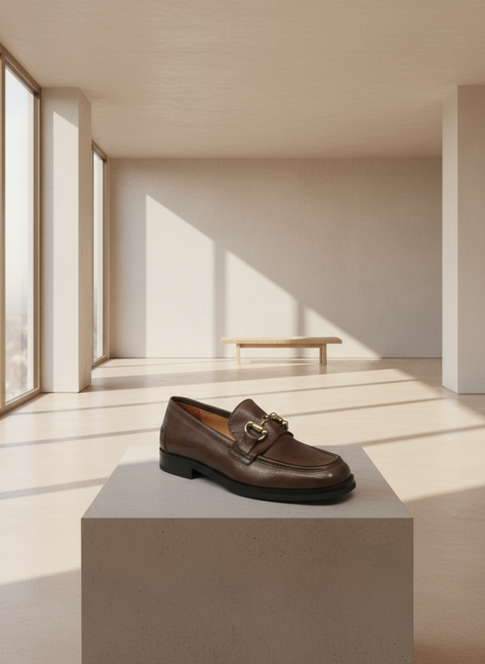 mocassin en cuir de bovin marron taupe boucle