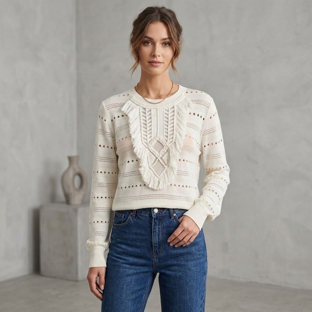Pull Ivoire Femme Col Rond Tricoté Ajouré Plastron Dentelle Ton Sur Ton Ivoire