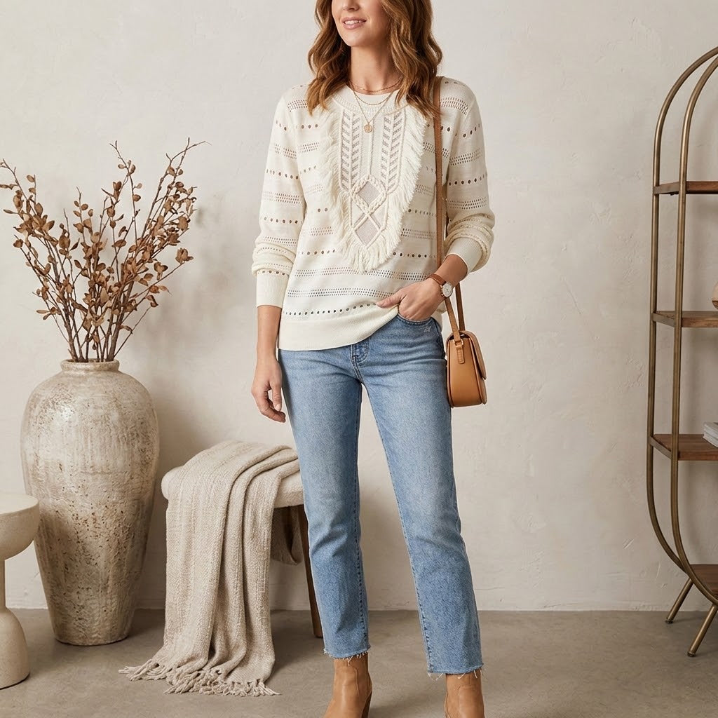 Pull Ivoire Femme Col Rond Tricoté Ajouré Plastron Dentelle Ton Sur Ton Ivoire