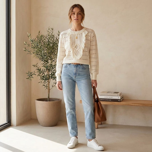 Pull Ivoire Femme Col Rond Tricoté Ajouré Plastron Dentelle Ton Sur Ton Ivoire