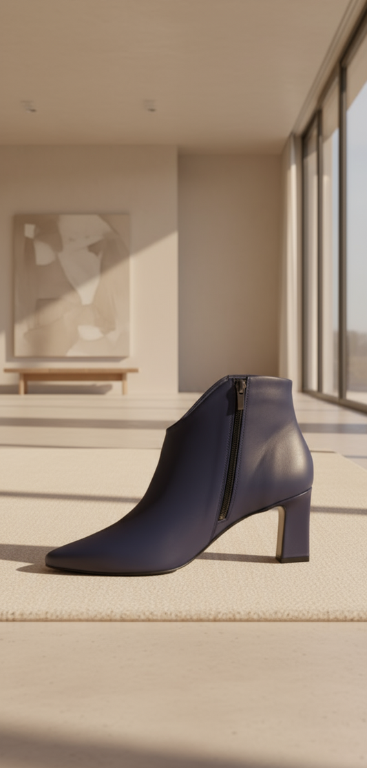 bruno premi bottines cuir bleu indigo talon carré découpe cheville pour une élégance exceptionnelle