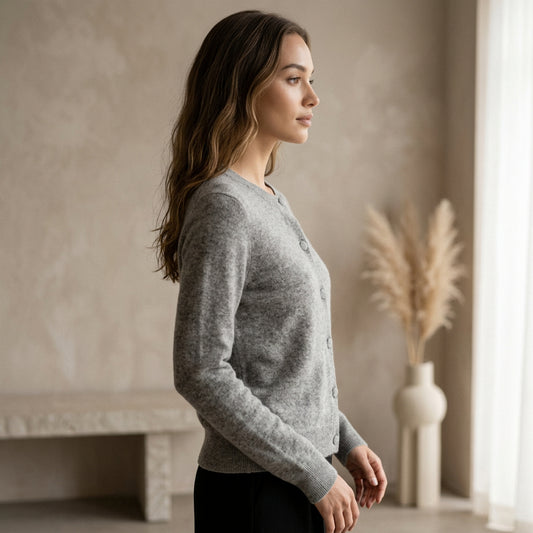 Cardigan 100% Cachemire 2 Fils Gris Chiné, Maille Douce Et Élégante Not Shy Pour Femme – cardigan 100% cachemire gris chiné pour femme