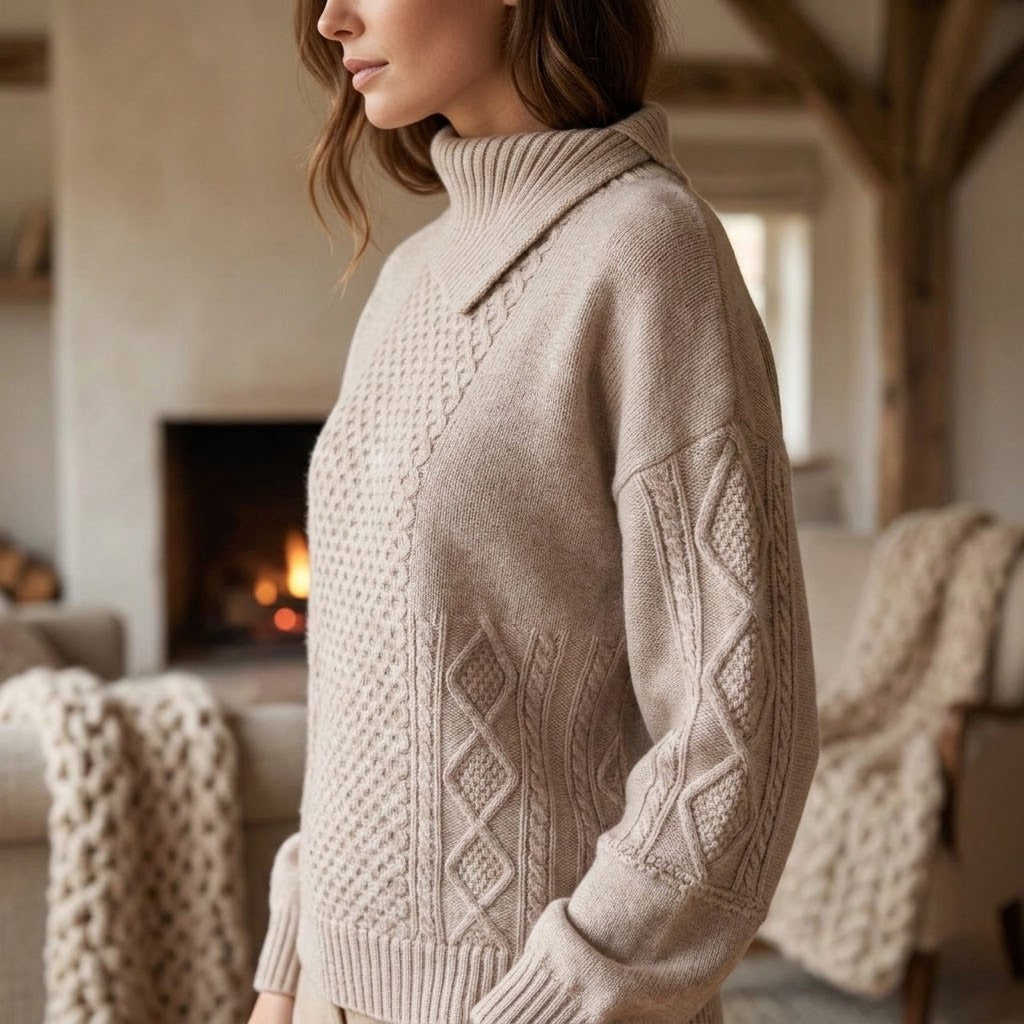 Pull En Laine Femme Torsadé 100% Laine Sable Felicity, Maille Douce Et Chaude – pull en laine femme chaud et élégant, modèle Not Shy Felicity