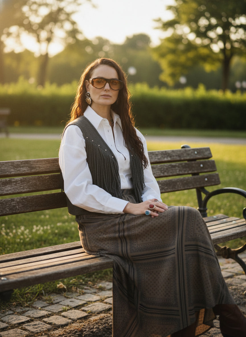 gilet cachemire Lowen  clouté à frange coloris thym 