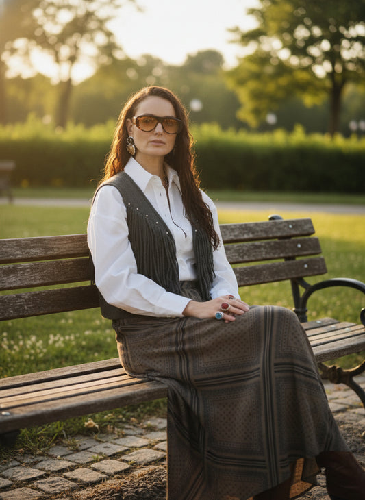 gilet cachemire Lowen  clouté à frange coloris thym 