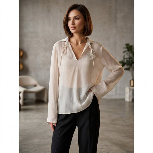 Me 369 top Ivoire, chemisier ivoire femme élégant à col V et petit col chemise