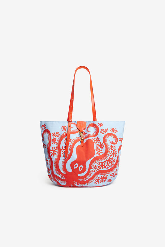 Le Sac de plage en toile avec poche intérieure zippée
col Bleu &amp;&nbsp; Orange
Corps : 100% Coton - Anse : 100% Cuir de bovin - Finition : 100% Cuir de bovin
30,5 x 40 x 16,5 cm