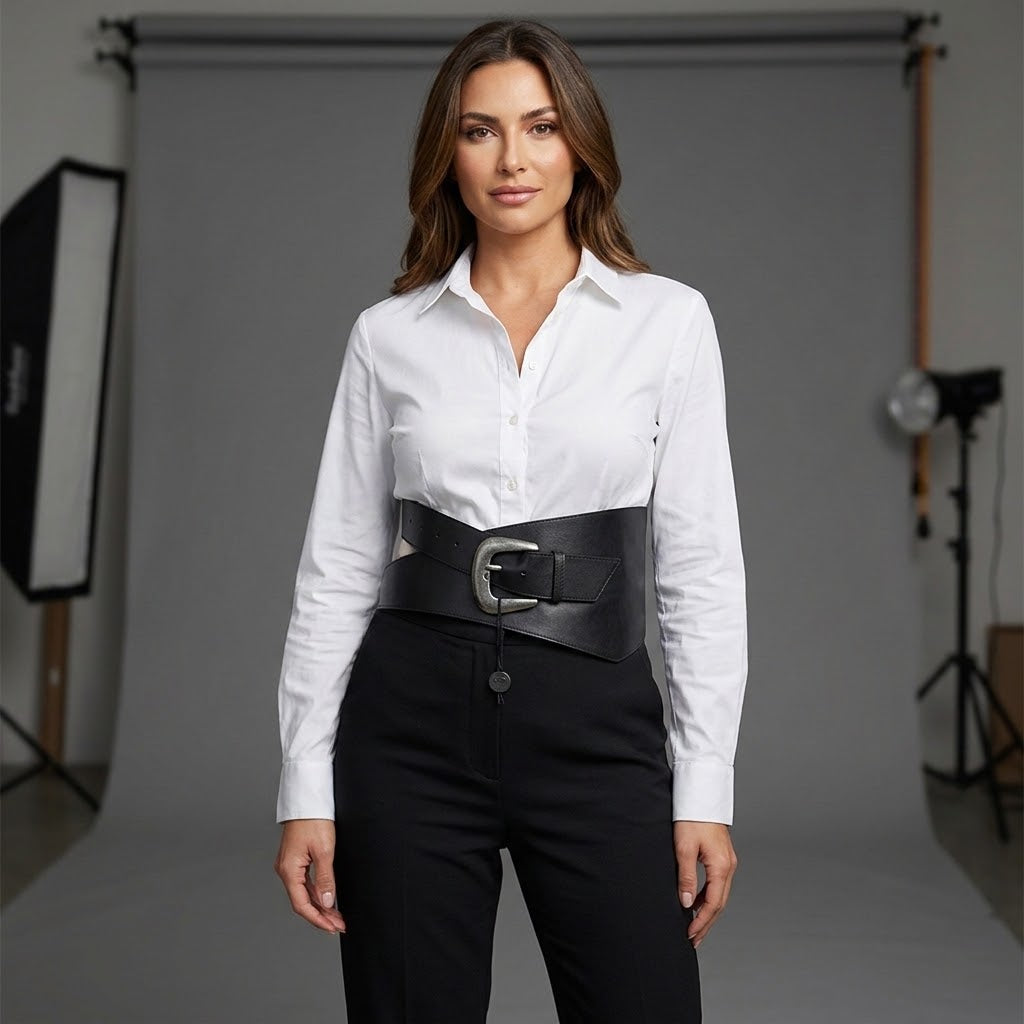 Design asymétrique : une forme originale qui donne du relief et du style à votre tenue.
Cuir noir : une matière élégante et polyvalente, idéale pour composer de nombreux looks.
Format large : une coupe qui souligne la taille et apporte une belle présence à la silhouette.
Taille 85 : une dimension pratique pour accessoiriser robes, jupes, pantalons et vestes.
