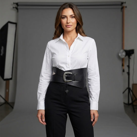 Design asymétrique : une forme originale qui donne du relief et du style à votre tenue.
Cuir noir : une matière élégante et polyvalente, idéale pour composer de nombreux looks.
Format large : une coupe qui souligne la taille et apporte une belle présence à la silhouette.
Taille 85 : une dimension pratique pour accessoiriser robes, jupes, pantalons et vestes.