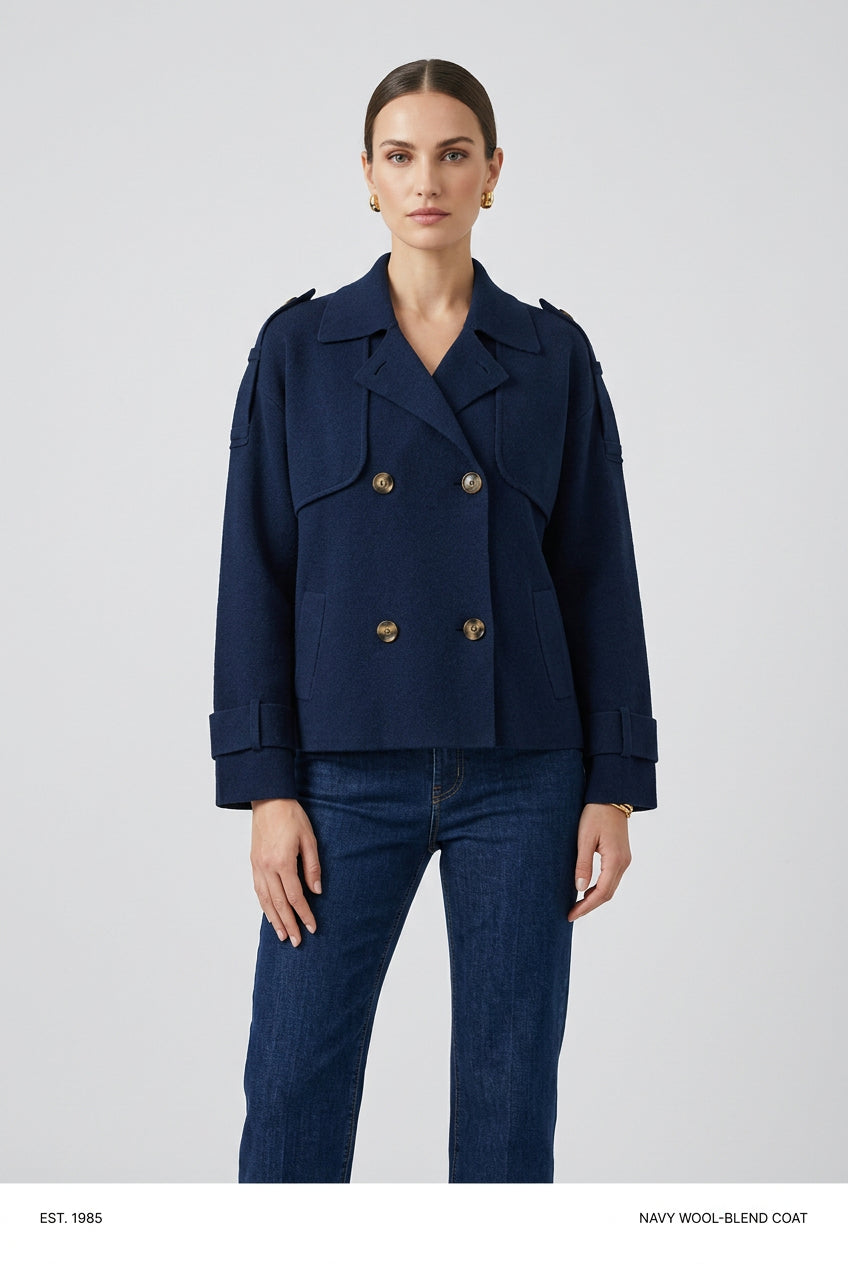 Veste en maille pour femme de couleur marine, facile à porter en toute saison.
Coupe courte esprit trench avec une longueur sous les hanches, quatre boutons et deux poches.
Mélange premium composé de 90 % de laine et 10 % de cachemire, doux et confortable.