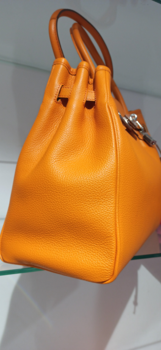 Sac À Main Femme Berthille Maison Française Modèle Vendôme En Cuir Grainé Mandarine 35X27X11cm