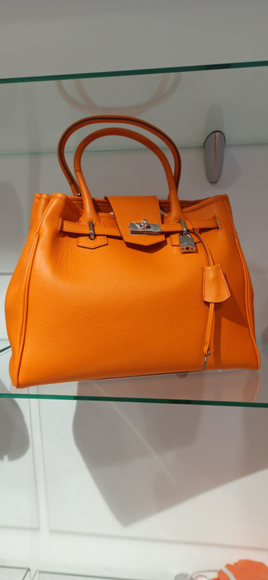 Sac À Main Femme Berthille Maison Française Modèle Vendôme En Cuir Grainé Mandarine 35X27X11cm