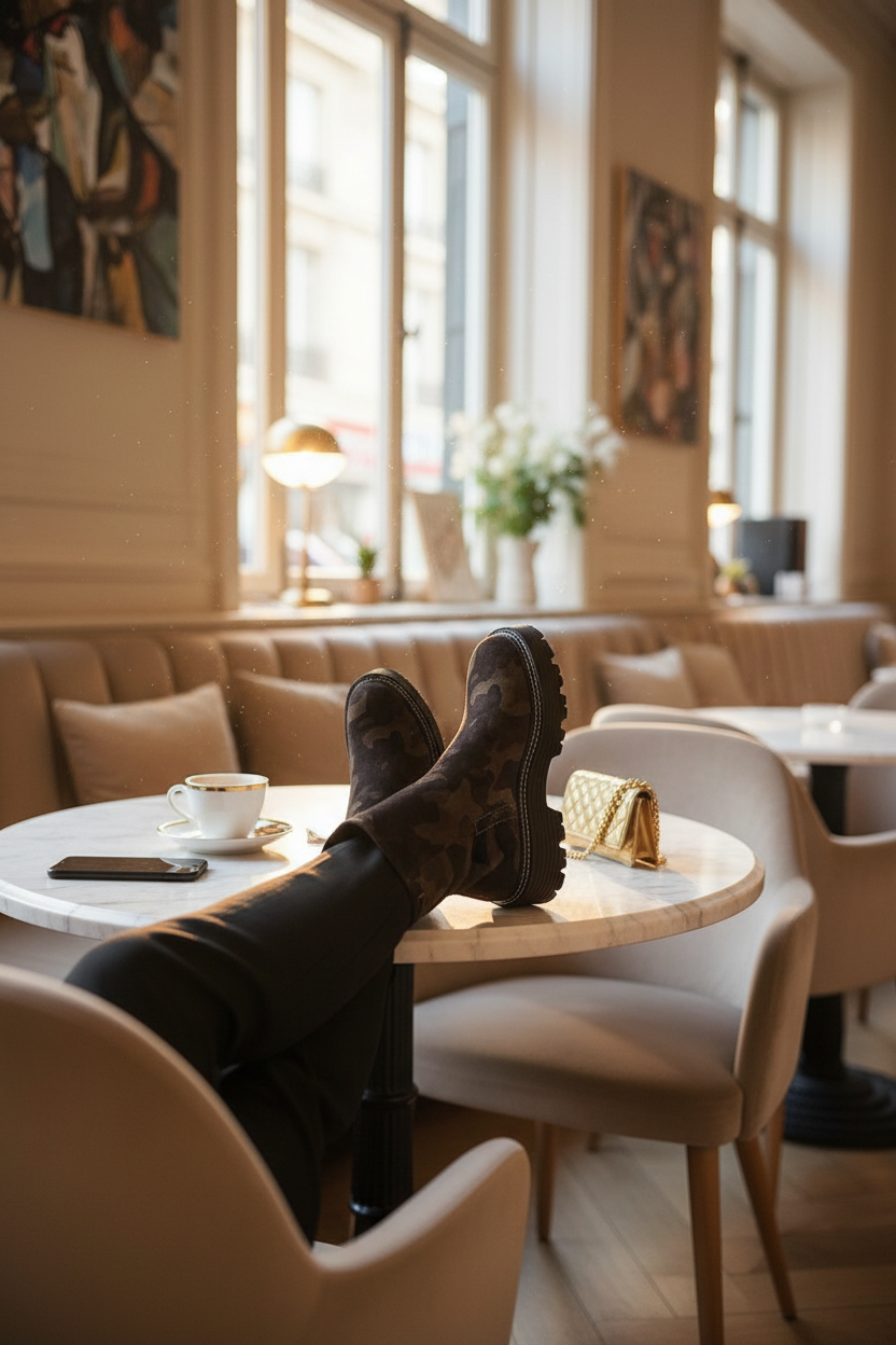 Boots camouflage au café