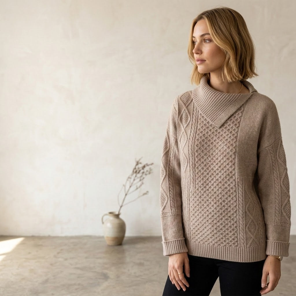 Pull femme en 100% laine pour une chaleur naturelle et un confort agréable.
Maille torsadée texturée, idéale pour apporter du relief à une tenue.
Coloris SAND facile à associer avec des tons neutres ou des couleurs plus soutenues.
Modèle polyvalent à porter au quotidien, au bureau ou pendant les week-ends.