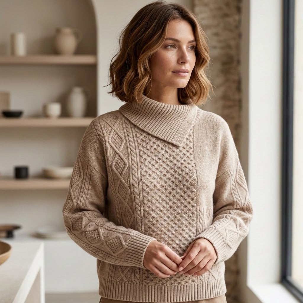 Pull En Laine Femme Torsadé 100% Laine Sable Felicity, Maille Douce Et Chaude – détail du pull en laine femme 100% laine et de sa maille torsadée