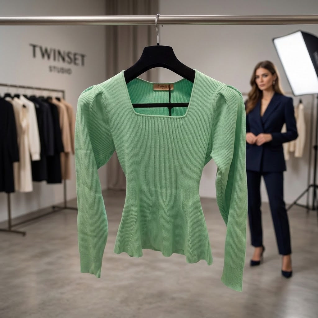 Twinset pull vert opal, pull coton près du corps côtelé à col carré