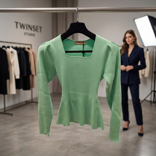 Twinset pull vert opal, pull coton près du corps côtelé à col carré