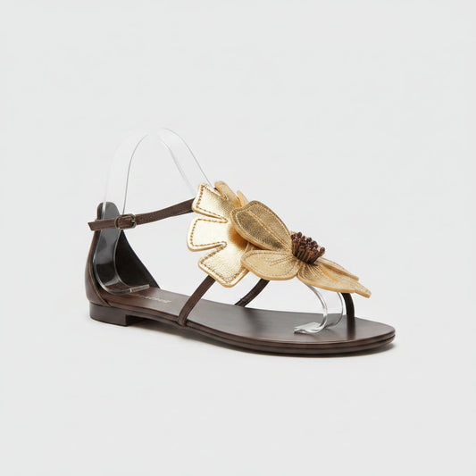 sandale cuir or lola cruz avec fleur décorative élégante sur le dessus du pied