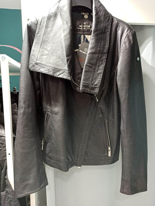 milestone blouson cuir agneau noir modèle ELIF grand col châle élégant