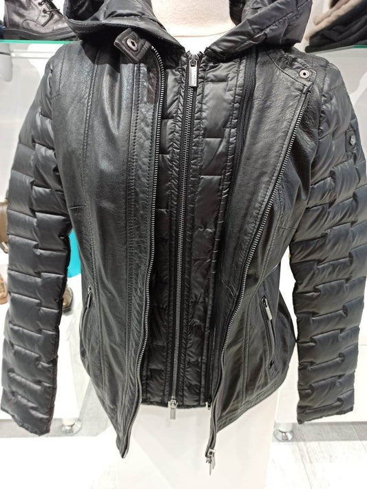 blouson bi matière noir cuir agneau et doudoune amovible avec capuche taille 36