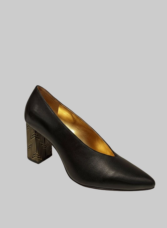 escarpin cuir noir talon carré travaillé intérieur doré