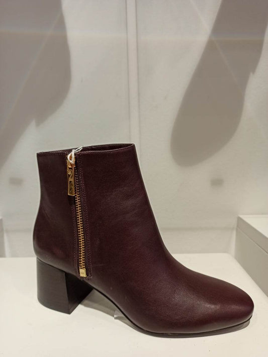 Boots cuir bordeaux Michael Kors à talon large avec fermeture éclair dorée