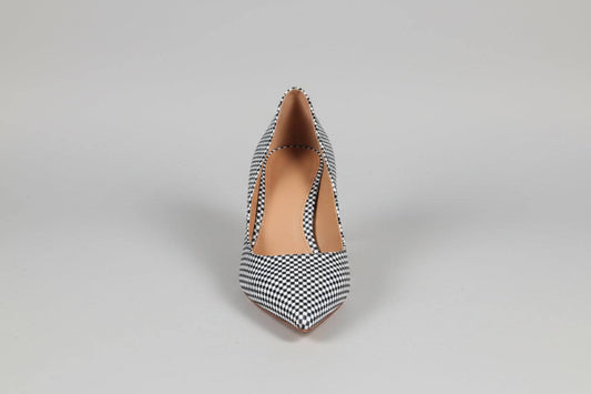 escarpin Pura Lopez en cuir et tissu damier bleu marine et blanc à petit talon de 5 cm vue de face