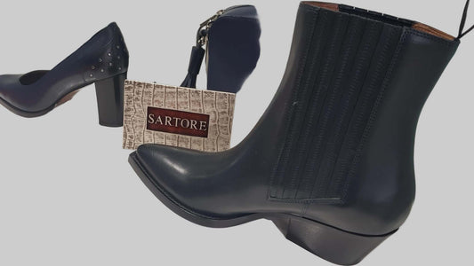 bottes santiag Sartore en cuir bleu océan avec talon 4 cm et élastique latéral
