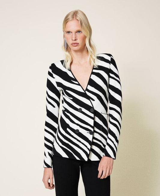 Veste Noire Zèbre Jacquard En Viscose Stretch, Coupe Ajustée Et Poches Plaquées – veste noire zèbre Twinset vue de face