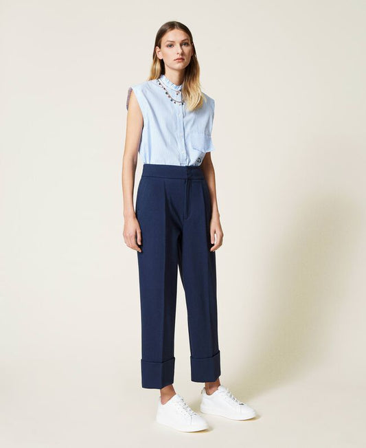 Twinset pantalon indigo, pantalon droit femme avec deux poches et coupe décontractée élégante