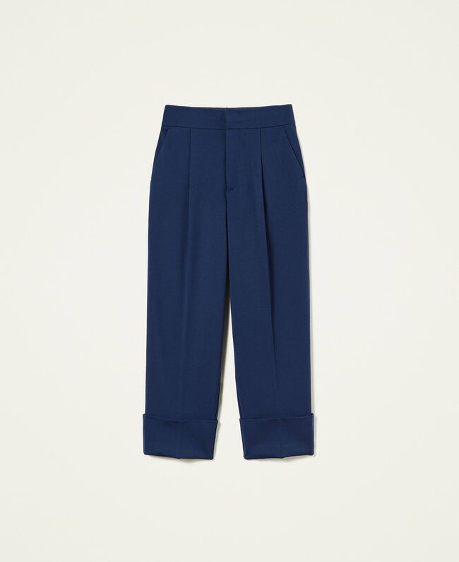 Twinset pantalon indigo, pantalon droit femme bleu indigo à revers larges et style marin chic