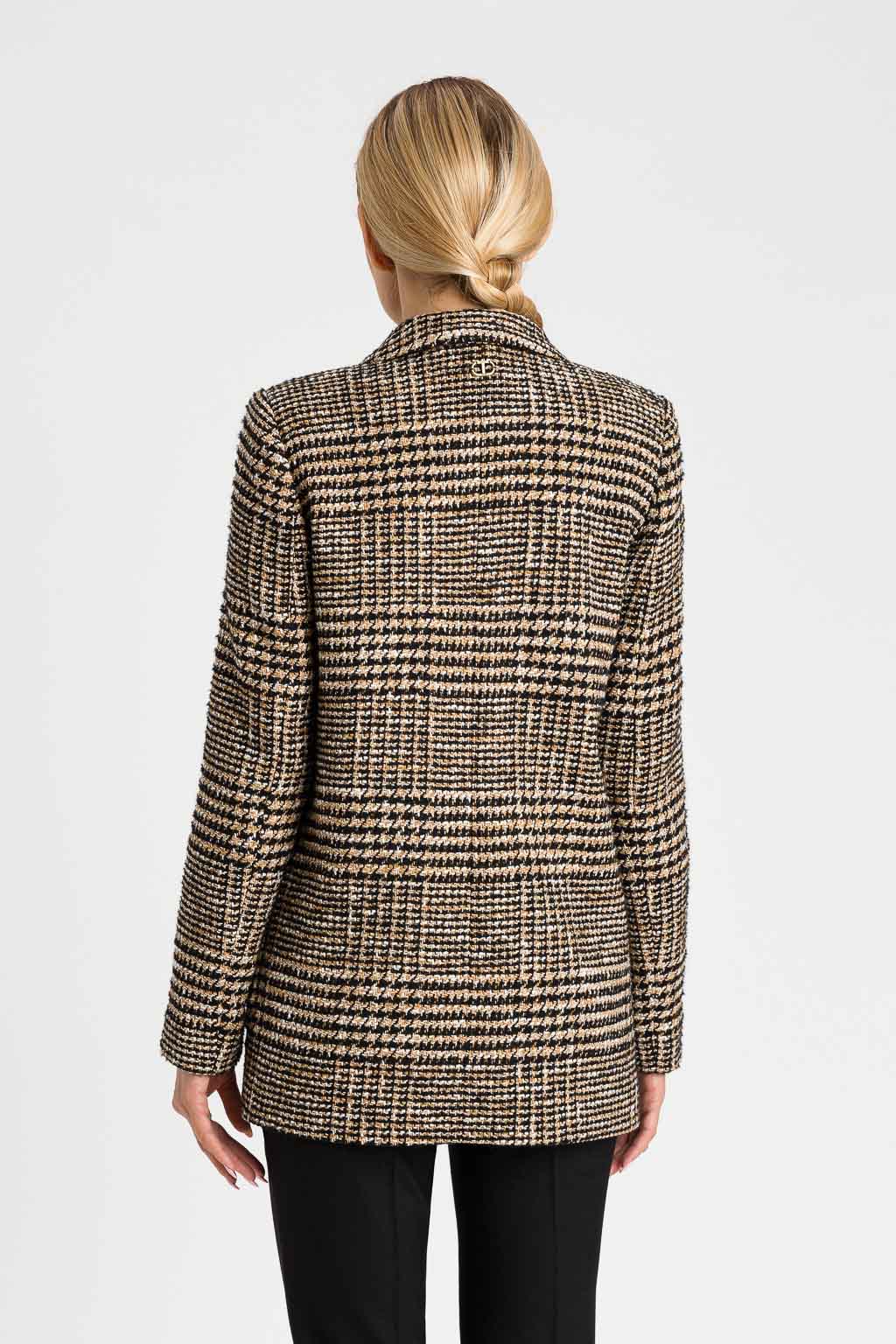 Veste Tweed Femme 3/4 Prince De Galles Noir Camel Écru En Laine, Élégante Et Confortable – veste tweed femme à motif prince de Galles