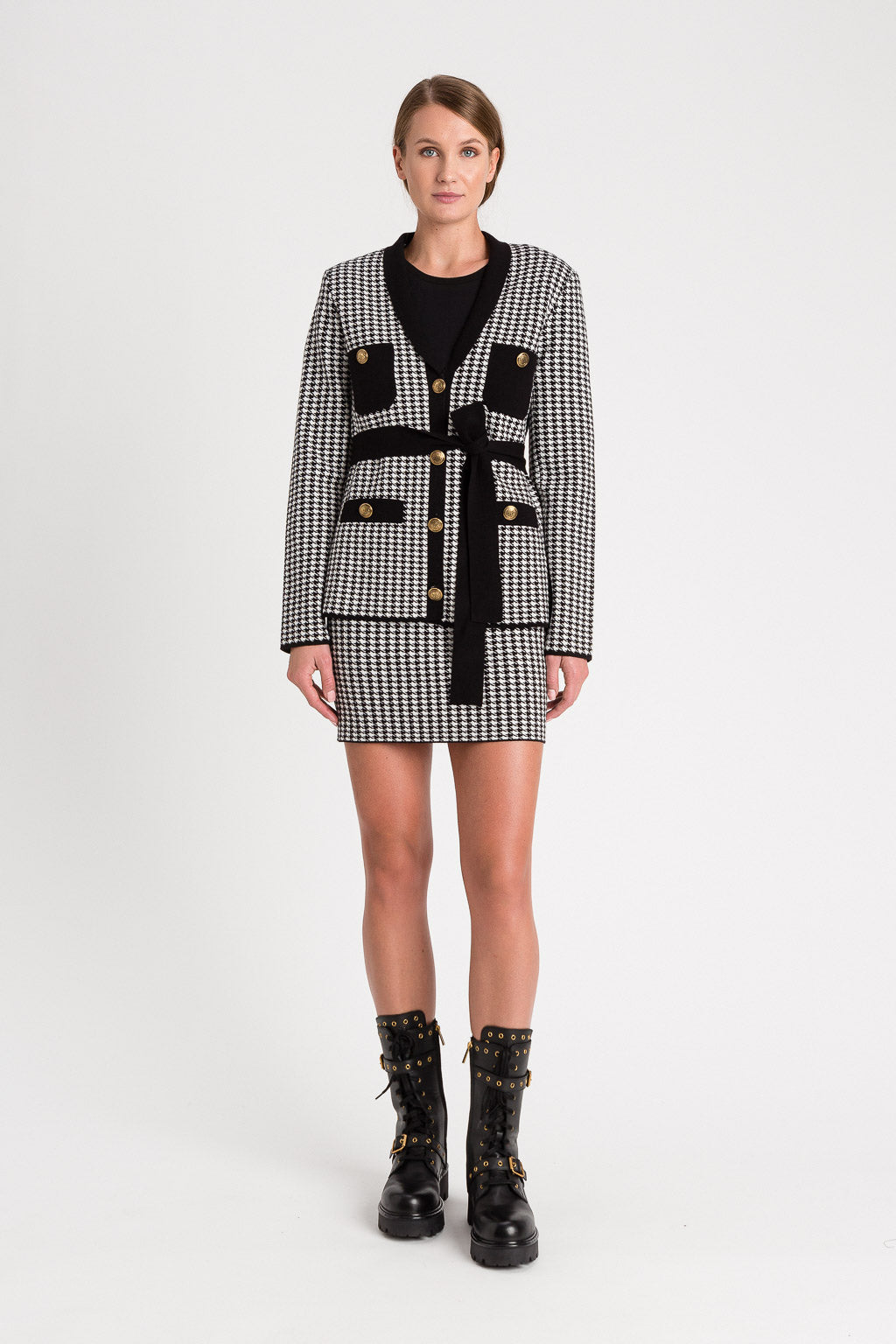Twinset veste pied de poule, veste pied-de-poule femme avec boutons bronze et ceinture noire