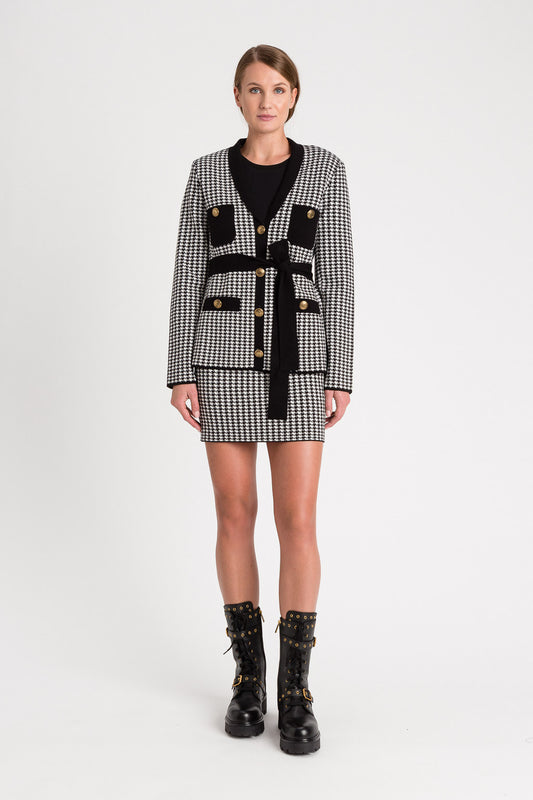 Twinset veste pied de poule, veste pied-de-poule femme avec boutons bronze et ceinture noire