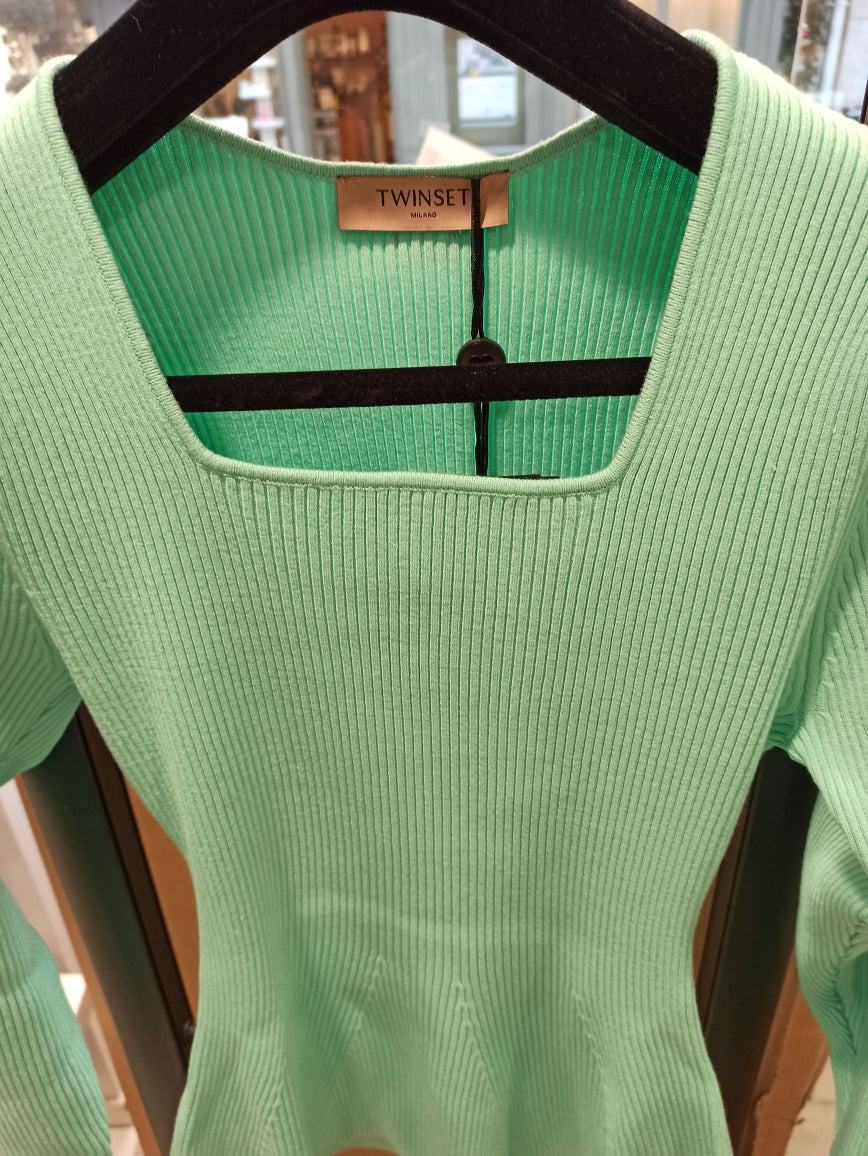 Twinset pull vert opal, pull coton près du corps à décolleté carré