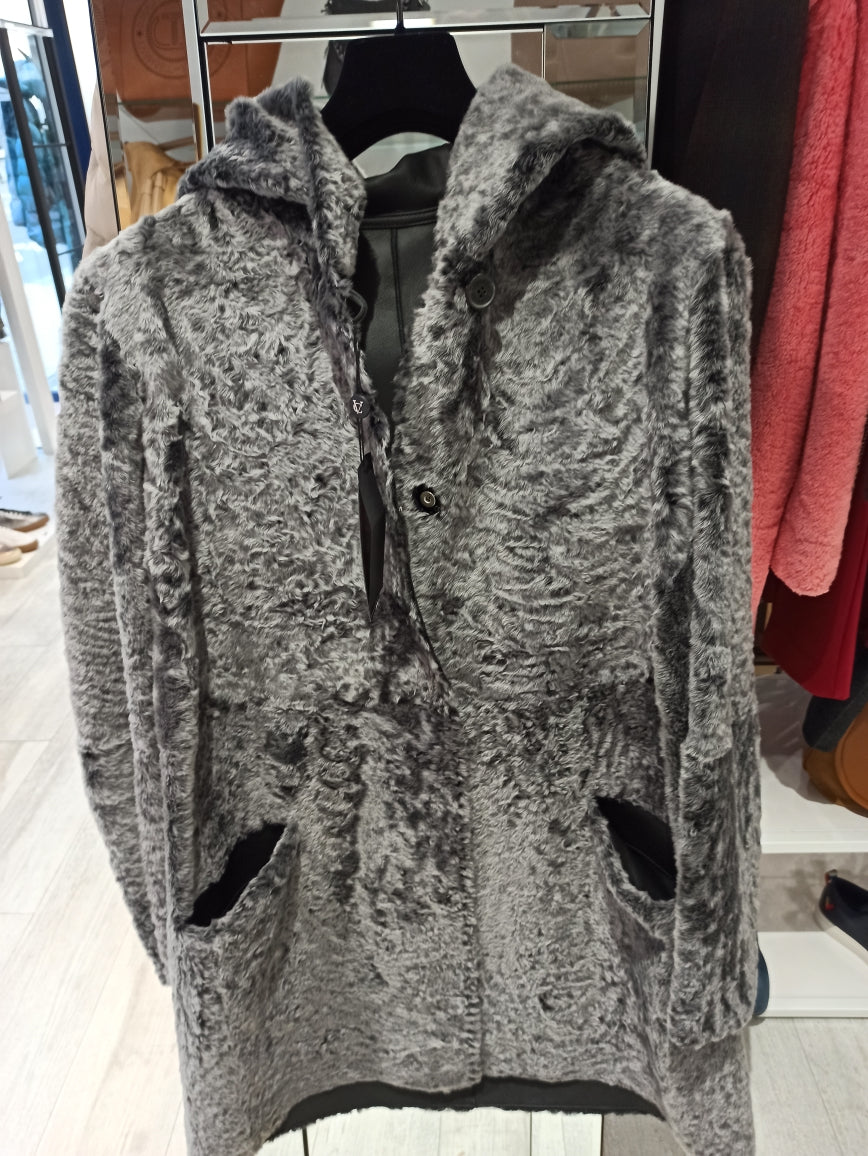 Ventcouvert manteau peau façon astrakan, manteau capuche hiver femme côté cuir lisse