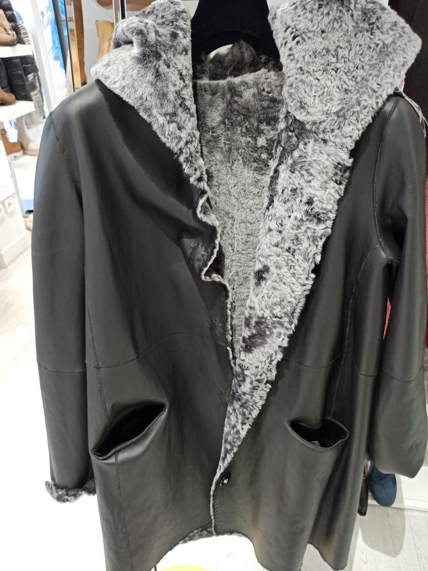 Ventcouvert manteau peau façon astrakan gris, manteau capuche hiver femme avec surpiqûres sur la manche
