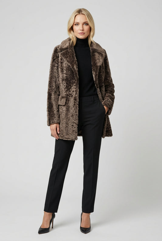 Fourrure agneau façon astrakan au coloris chocolat ou brun, pour un rendu raffiné et lumineux.
Coupe veste droite et longueur 3/4, idéales pour une silhouette élégante et actuelle.
Modèle plus court que la référence 32979, pour un style pratique et facile à porter.