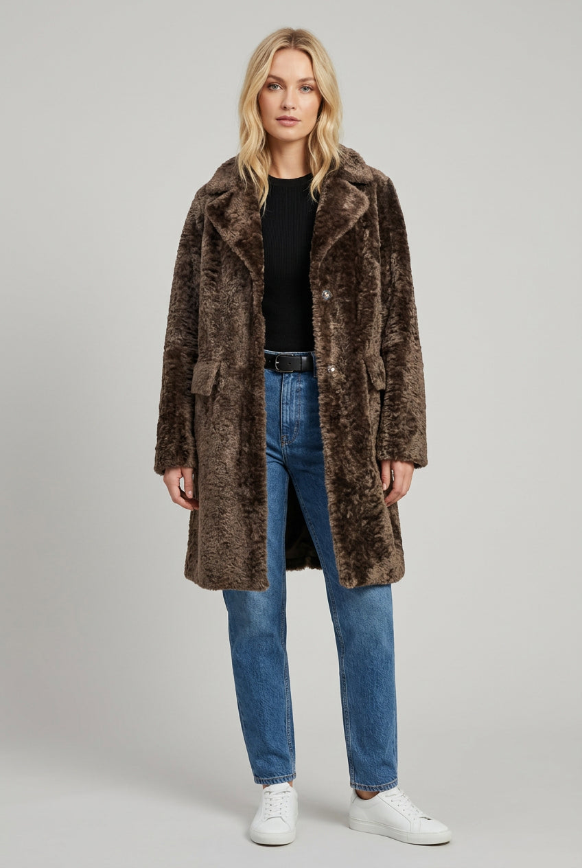 Ventcouvert manteau redingote astrakan, manteau redingote femme marron façon astrakan, vue de face